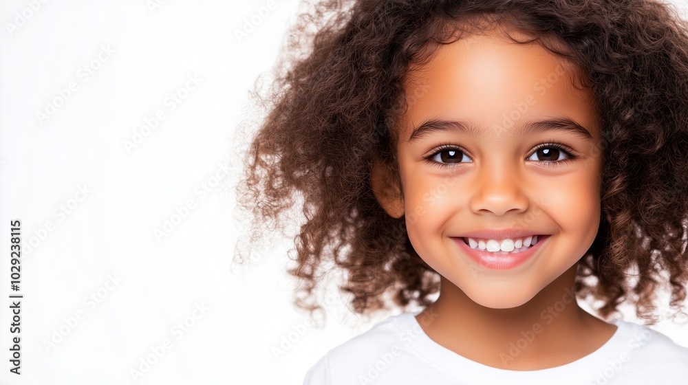 Wall mural young girl with curly hair smiles brightly against a plain background in a cheerful portrait capture