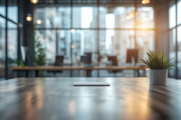Blurred background of a modern office interior with panoramic windows and a desk in the foreground. Copy space. High-quality, high-resolution photo,.