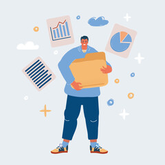 Cartoon vector illustration of man holding big folder with files in it.