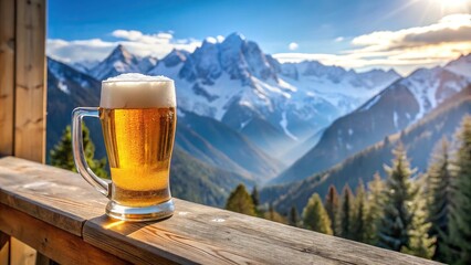 Foamy lager beer on alpine lodge ledge