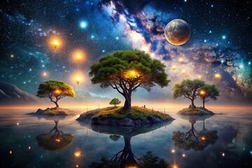 Surreal Charcoal Starry Night: A Dreamlike Landscape with Celestial Wonders