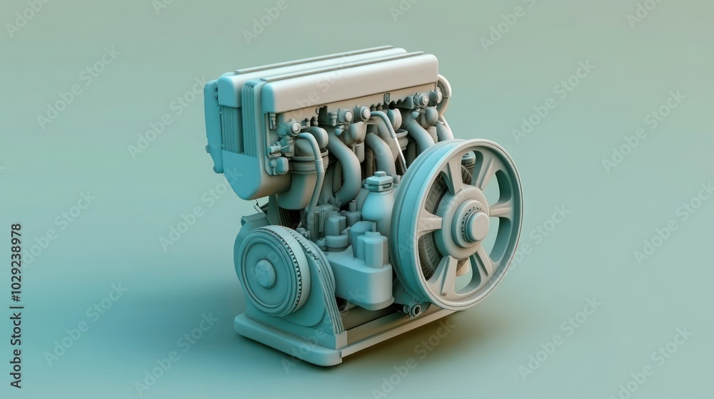 Poster gray 3d rendered engine on turquoise background