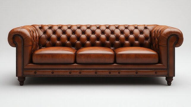 brown leather chesterfield sofa elegantly designed showcased against a pristine white background emphasizing its luxurious texture and classic style inviting comfort and sophistication