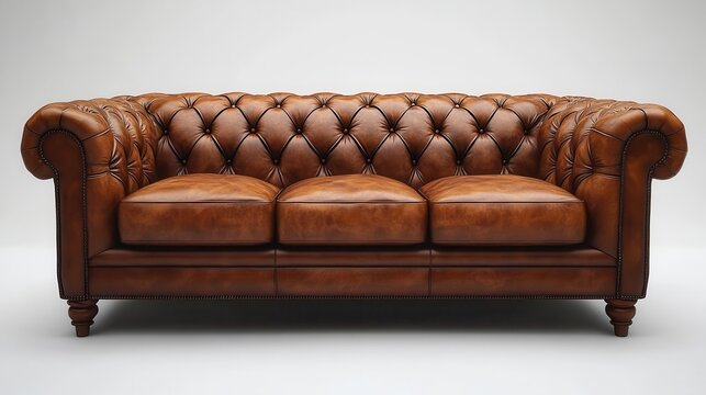 brown leather chesterfield sofa elegantly designed showcased against a pristine white background emphasizing its luxurious texture and classic style inviting comfort and sophistication