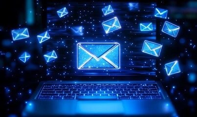 
Digital Email Marketing Concept at Night with Laptop Keyboard and Glowing Envelopes in a Virtual Space, generative ai