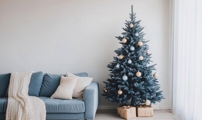 A blue couch sits next to a large Christmas tree