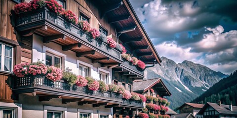 Fototapeta premium Charming Austrian Apartment House with Scenic Views for Stock Photography