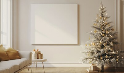 A white Christmas tree sits in a living room with a white wall and a white couch
