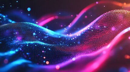 Abstract holographic waves of particles in bright neon colors, flowing across a tech-inspired gradient background with dynamic digital energy