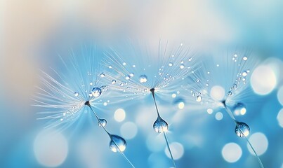 Dandelion Seeds in drops water on blue beautiful background with soft focus in nature macro. Drops of dew sparkle on dandelion in rays of light, generative ai