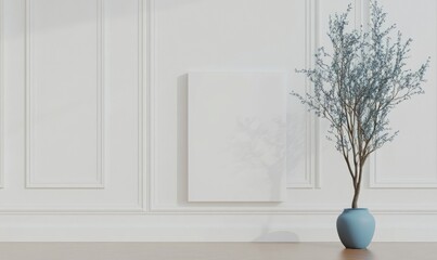 Fototapeta premium A white wall with a blue vase and a tree in it