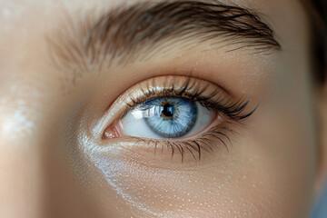 Obraz premium Female blue eye and clear skin close-up. Concept template about healthy vision, self-care, international glaucoma day