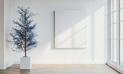 A white room with a large white wall and a small white tree in a white pot