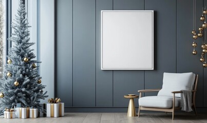 A white framed picture hangs on a wall in a room with a blue wall