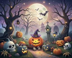A spooky Halloween night filled with carved pumpkins, eerie trees, and a glowing moon casting shadows over a graveyard. Generative AI