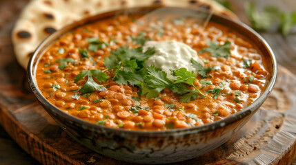 A steaming bowl of red lentil curry, garnished with chopped cilantro, a dollop of yogurt, and warm naan bread on the side, all placed on a textured wooden surface.
