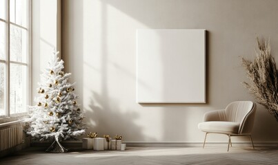A white room with a white wall and a white chair Wall art mockup