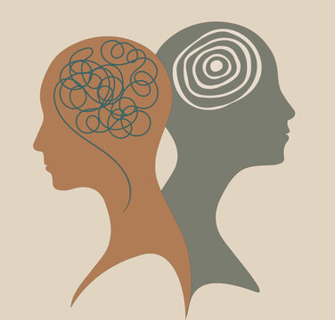 recommend clip art: 2 Head silhouette. Metaphor bipolar disorder mind mental. Double face with tangle and untangle brain. Concept mood disorder. Mental health. Split personality. Psychology. Psychiatry