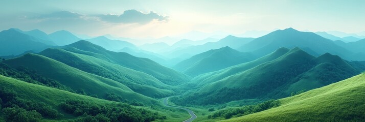 Minimalist low-poly mountain landscape featuring a winding road, tranquil scenery, geometric shapes, serene color palette, modern design