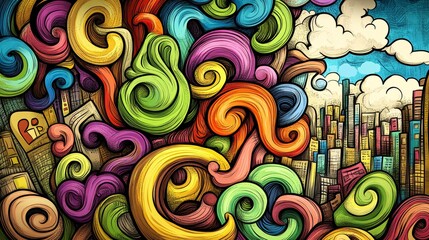 Abstract cityscape illustration, vibrant and colorful urban artwork digital art, architecture, design, and graphic design