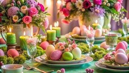 Surreal Easter Table Setting in Pastel Colors with Decorative Eggs and Floral Wreath Centerpiece