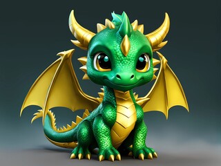 Fototapeta premium Cute little dragon. gold and green. Suitable for children.