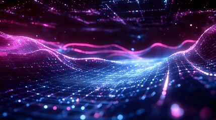 Dynamic particle waves flowing through a cyber grid, neon hologram effects with deep purples and blues for a futuristic technology vibe