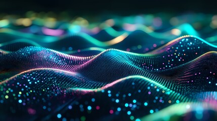Futuristic particle waves glowing with holographic colors, flowing in sync with a gradient digital background of neon greens and blues