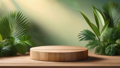 Fototapeta premium Empty wooden podium surrounded by tropical plants for product placement