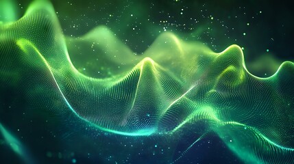 Futuristic particle waves glowing with holographic colors, flowing in sync with a gradient digital background of neon greens and blues