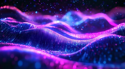 Futuristic tech hologram with vibrant waves of particles flowing in a cosmic digital landscape, featuring neon blues and purples