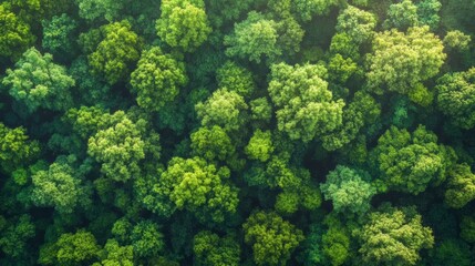 Naklejka premium Lush green forest landscape, a tranquil canopy of trees and sunlight dappled patterns on the forest floor