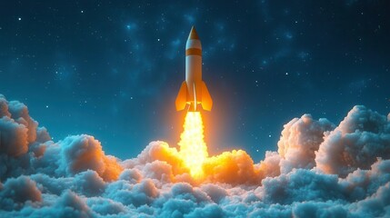 Fototapeta premium cardboard box launching a rocket into a bright blue sky blending childhood imagination with a playful sense of adventure and exploration in a whimsical setting