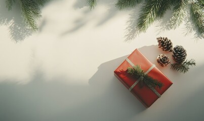 A red box with a ribbon sits on a table with pine cones