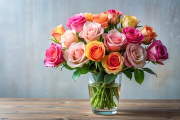 Fototapeta premium Forced perspective bouquet of roses in clear vase