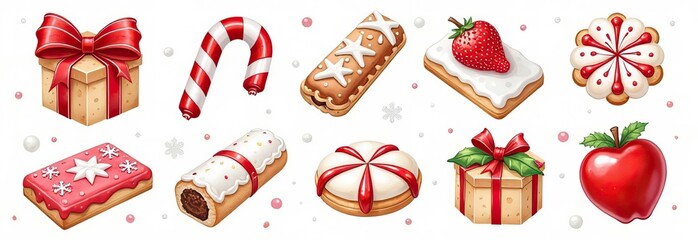Set of Christmas candy and cookie decorations watercolor vector illustration,set of christmas elements,festival set 