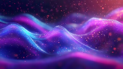 Obraz premium Holographic waves of particles forming dynamic shapes in neon purple, blue, and pink, flowing across a gradient digital background