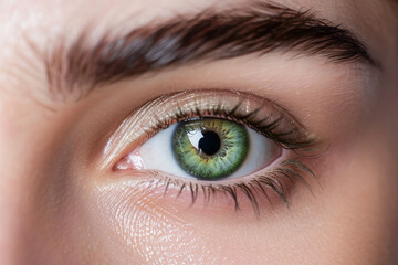 Obraz premium Female green eye and clear skin close-up. Brunette hair. Concept template about healthy vision, self-care, international glaucoma day