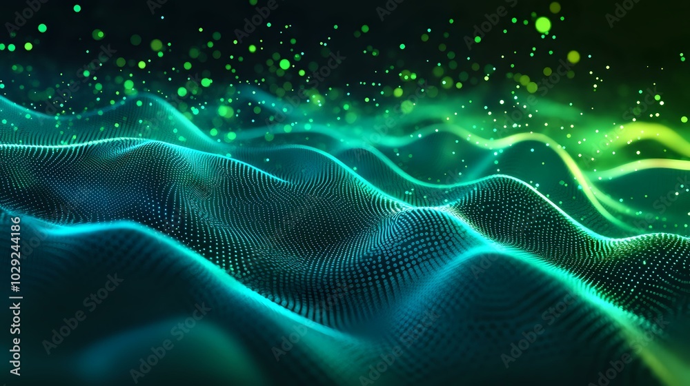 Canvas Prints particle hologram in motion with glowing digital waves across a gradient of neon green and blue, cre