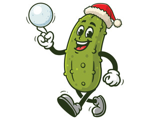 Pickle playing Snowballs and wearing Christmas Hat, Cartoon Mascot Illustration Character Vector Clip-art Hand-drawn Logo Design