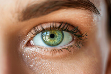 Fototapeta premium Female green eye and clear skin close-up. Brunette hair. Concept template about healthy vision, self-care, international glaucoma day