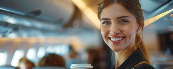 Close-up of a flight attendant pouring coffee for a passenger in the airplane cabin ultra-clear image