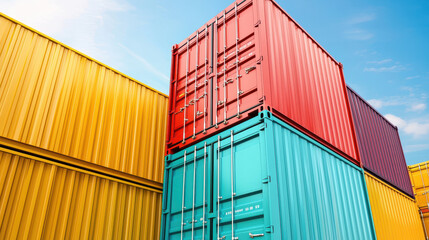 Colorful cargo containers stacked against bright blue sky, showcasing vibrant hues of red, yellow, and turquoise. scene evokes sense of industrial efficiency and organization