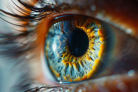 Blue or green eye and clear skin close-up. Brunette hair. Concept template about healthy vision, self-care, international glaucoma day