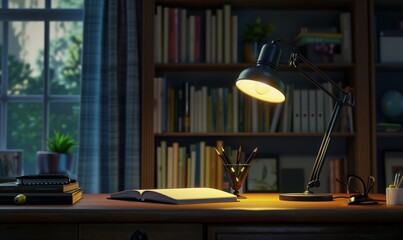 Desk lamp on the study desk, 4K hyperrealistic photo