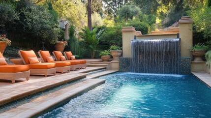 Backyard pool decor with comfortable seating, elegant water features, and stylish pool tiles