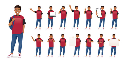 Young African American man in casual clothes standing with different gestures. Isolated vector illustration set