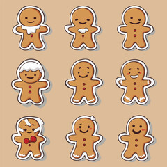 Vector sticker set of funny gingerbread man cookie in christmas