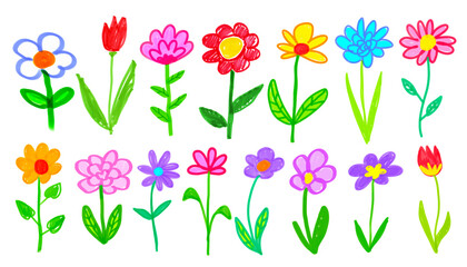Felt pen hand drawn vector illustrations collection of child drawings of flowers