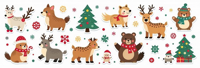 Fototapeta premium Christmas winter stickers collection for kids, seasonal design, cute animals and elements for scrapbook